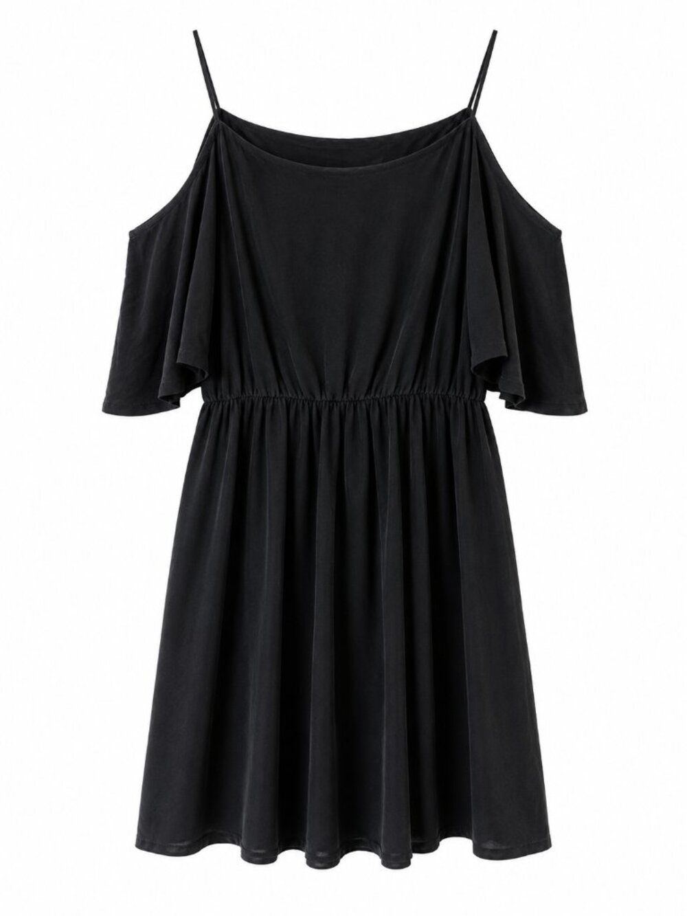 Covet 100% Silk Dark Gray Cold Shoulder Dress XS Boho Flowy Mini Dress